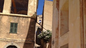 A narrow stone staircase between buildings with arched doorways and a potted plant on the right. - CORSE HOUSE EXCEPTIONAL SEA VIEW IN A VILLAGE BETWEEN SEA & MOUNTAINS (Speloncato)