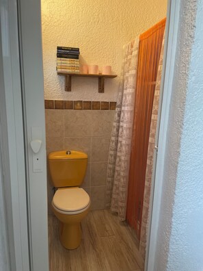 A small bathroom with a toilet, a shelf with books, and a shower curtain.