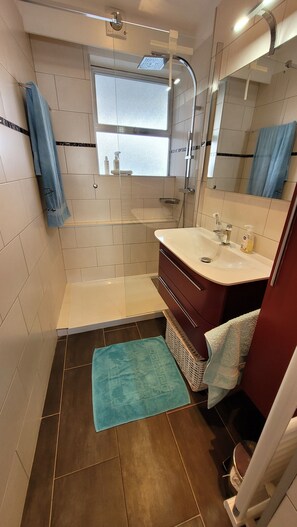 Douche, sèche-cheveux, serviettes fournies, papier toilette