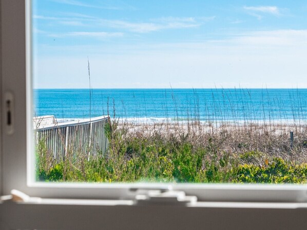 A view through a window of a beach with a fence and vegetation in the foreground.