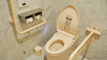 A toilet with a bidet attachment, a toilet paper holder, and a flush handle.
