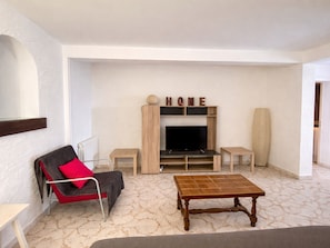Un salon avec un canapé, une table basse, un téléviseur et une cheminée.