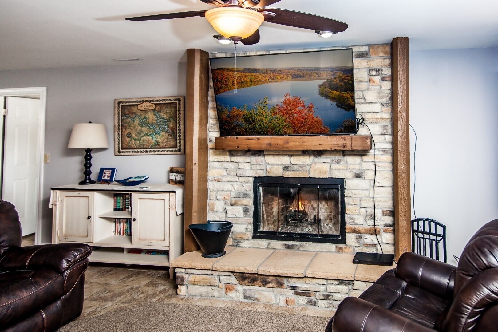 smart tv, fireplace, dvd player, table football