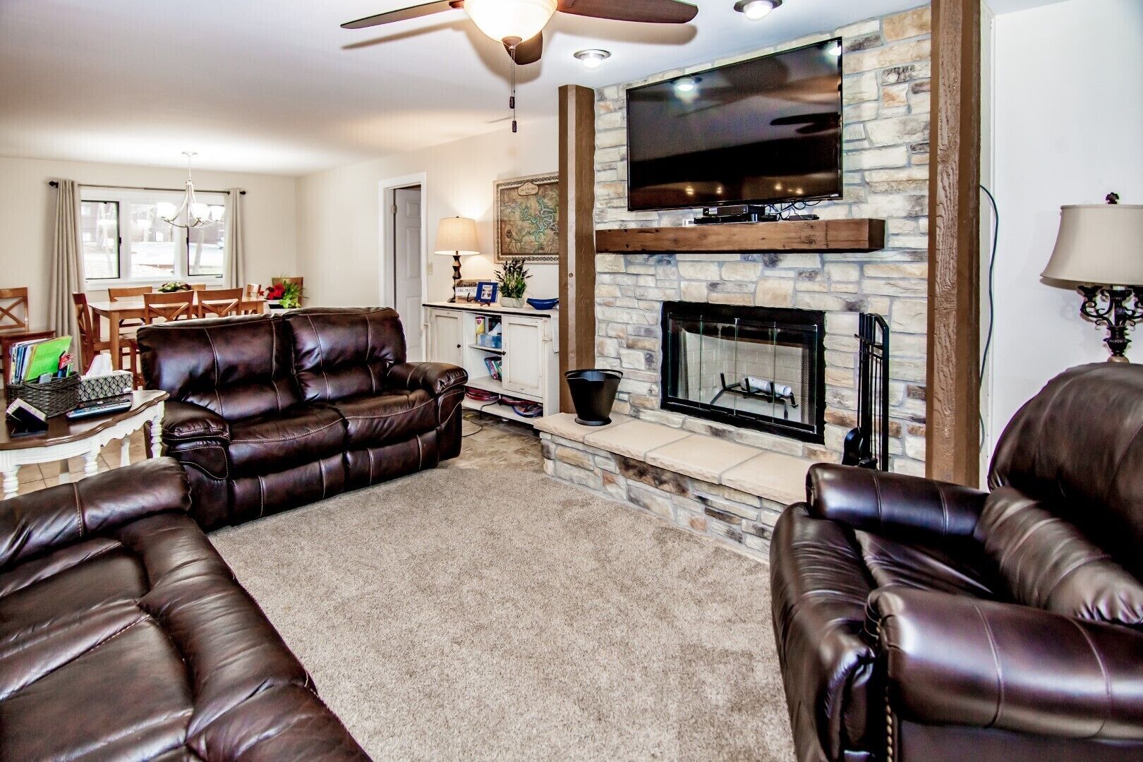 smart tv, fireplace, dvd player, table football