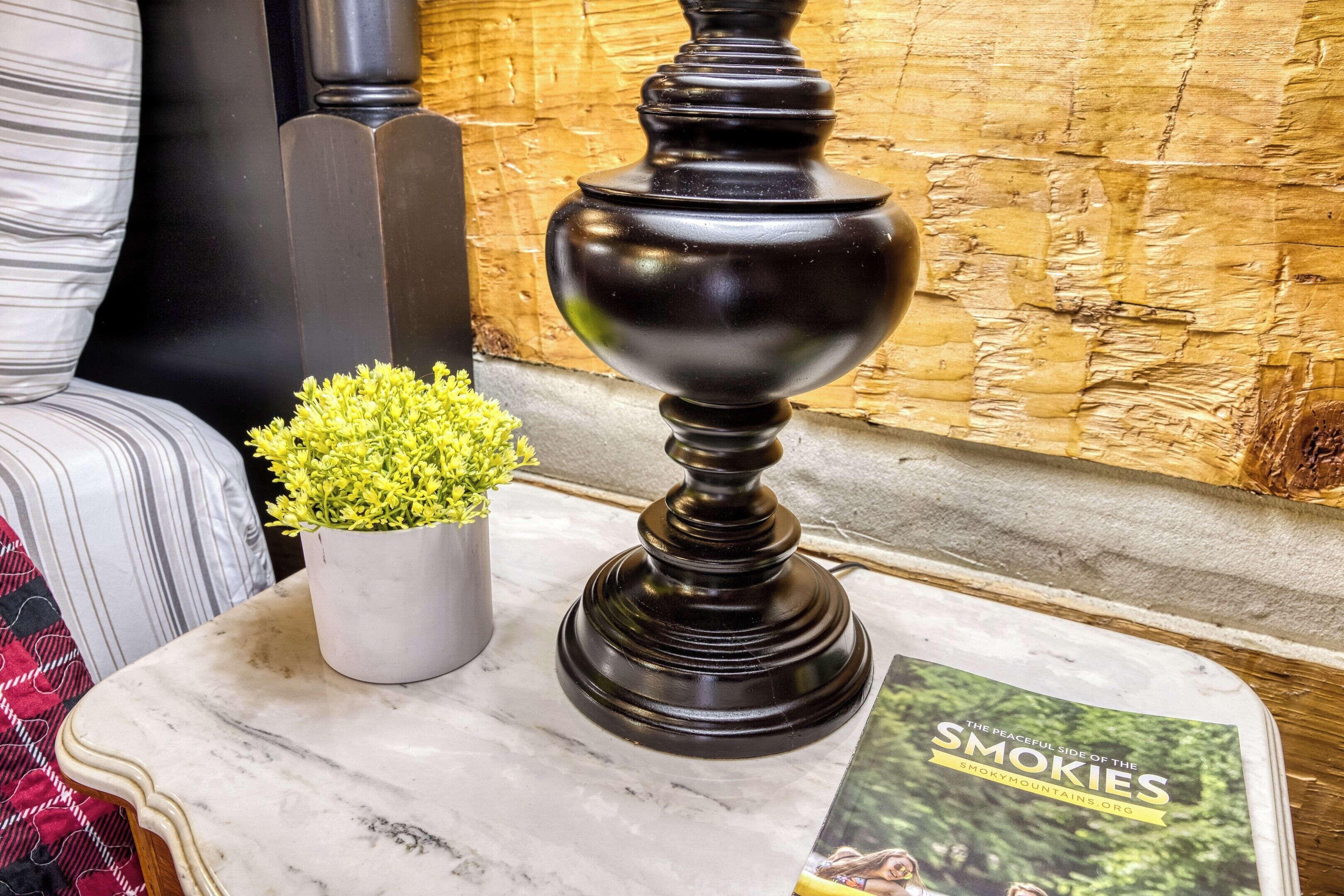 Een marmeren tafel met een zwarte decoratieve lamp, een kleine potplant en een boek getiteld 'The Peaceful Side of the Smokies'.