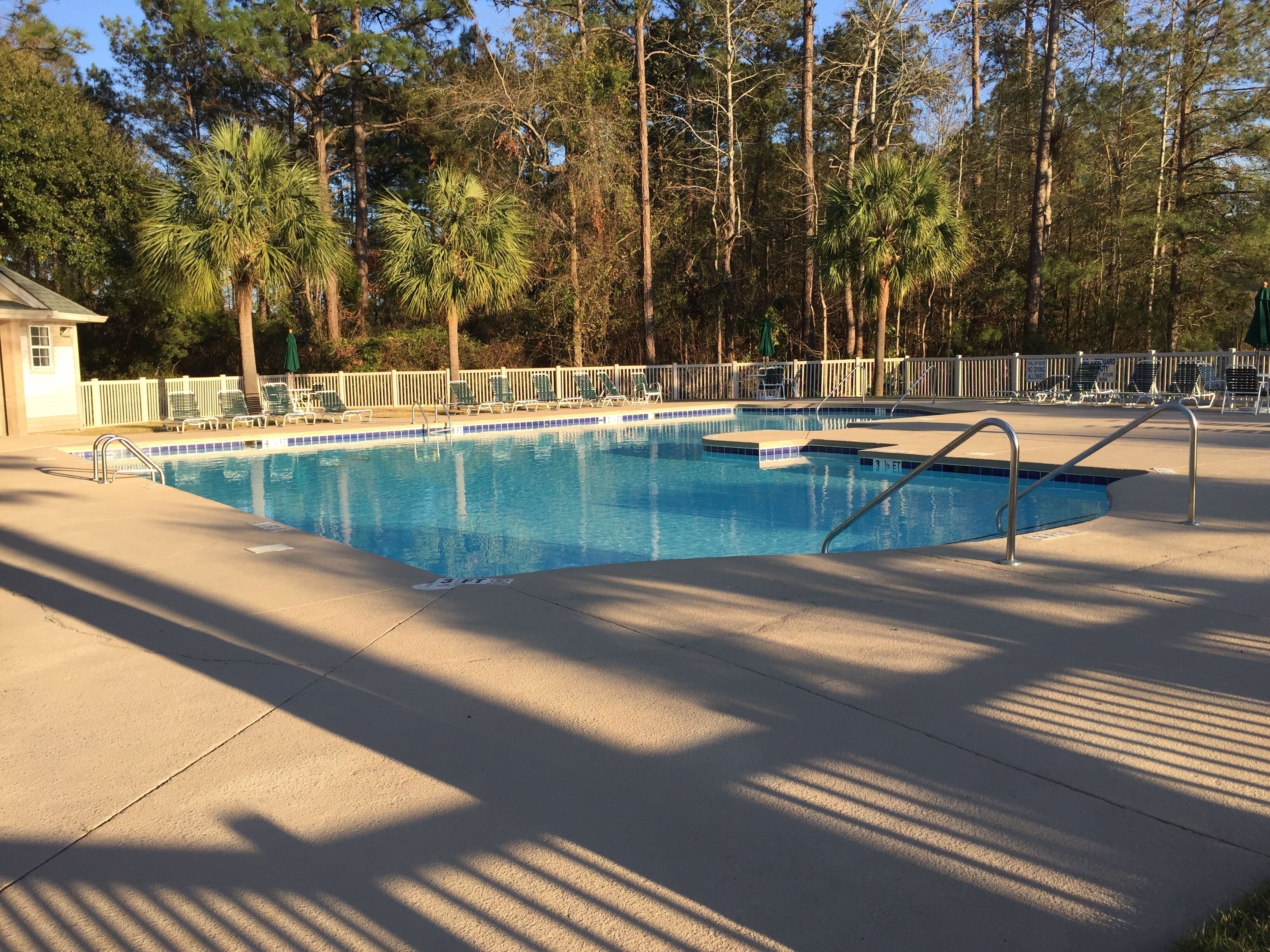 A rectangular swimming pool with a tiled edge, surrounded by a white fence and shaded by tall trees.