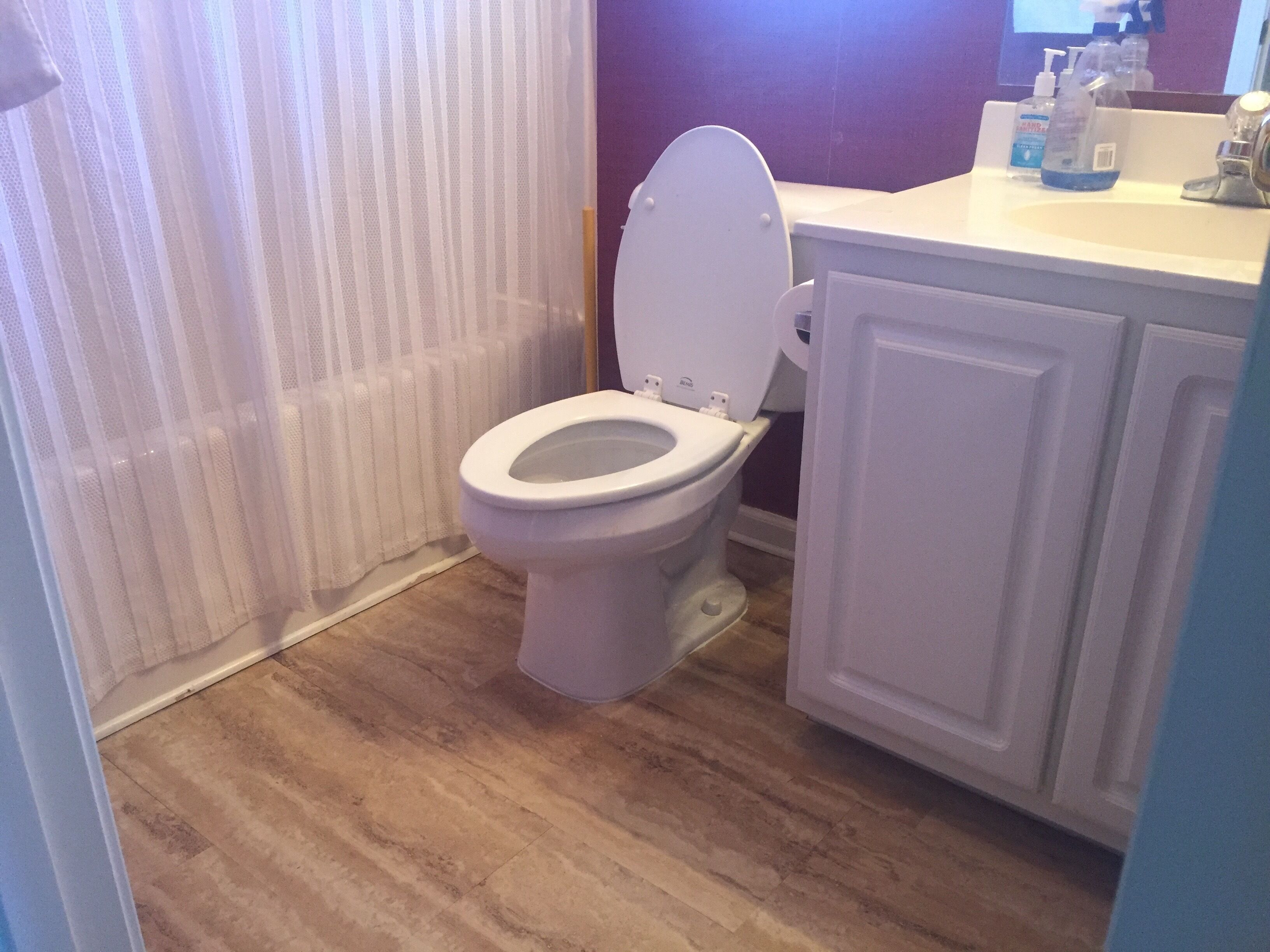 A bathroom with a toilet, a sink with toiletries, and a shower curtain.