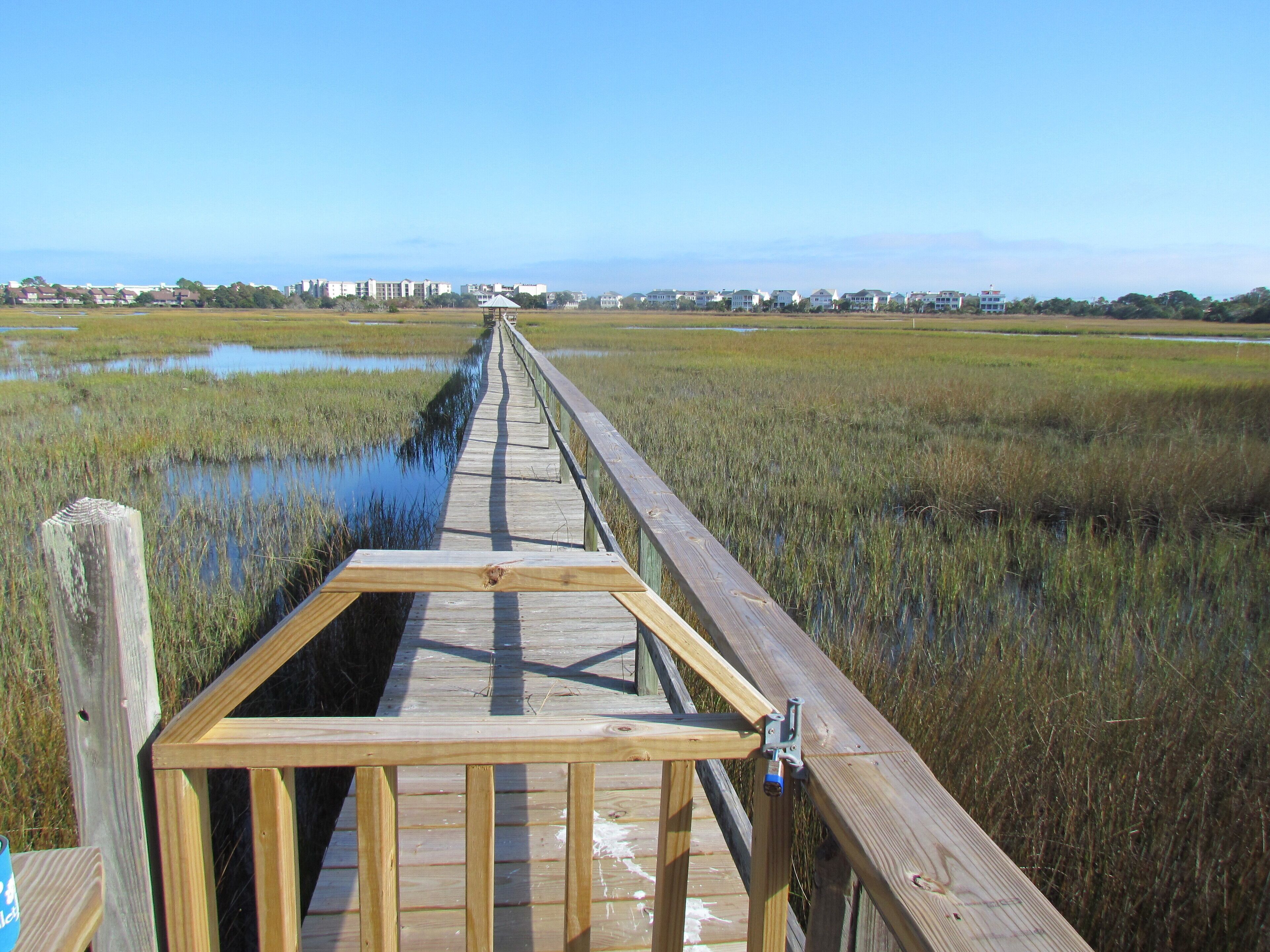 A wooden boardwalk extending into a marshy area with water on either side.