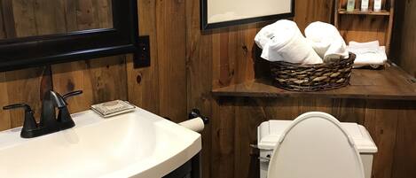 Une salle de bain en bois avec un lavabo blanc, des toilettes et une photo encadrée au-dessus du lavabo.