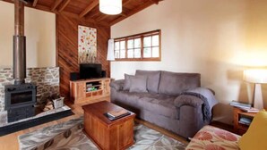 Una sala de estar acogedora con chimenea de piedra, un sofá, una mesita de centro y un televisor.