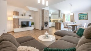 A modern living room with a flat-screen TV, a fireplace, and a dining area with a kitchen in the background.