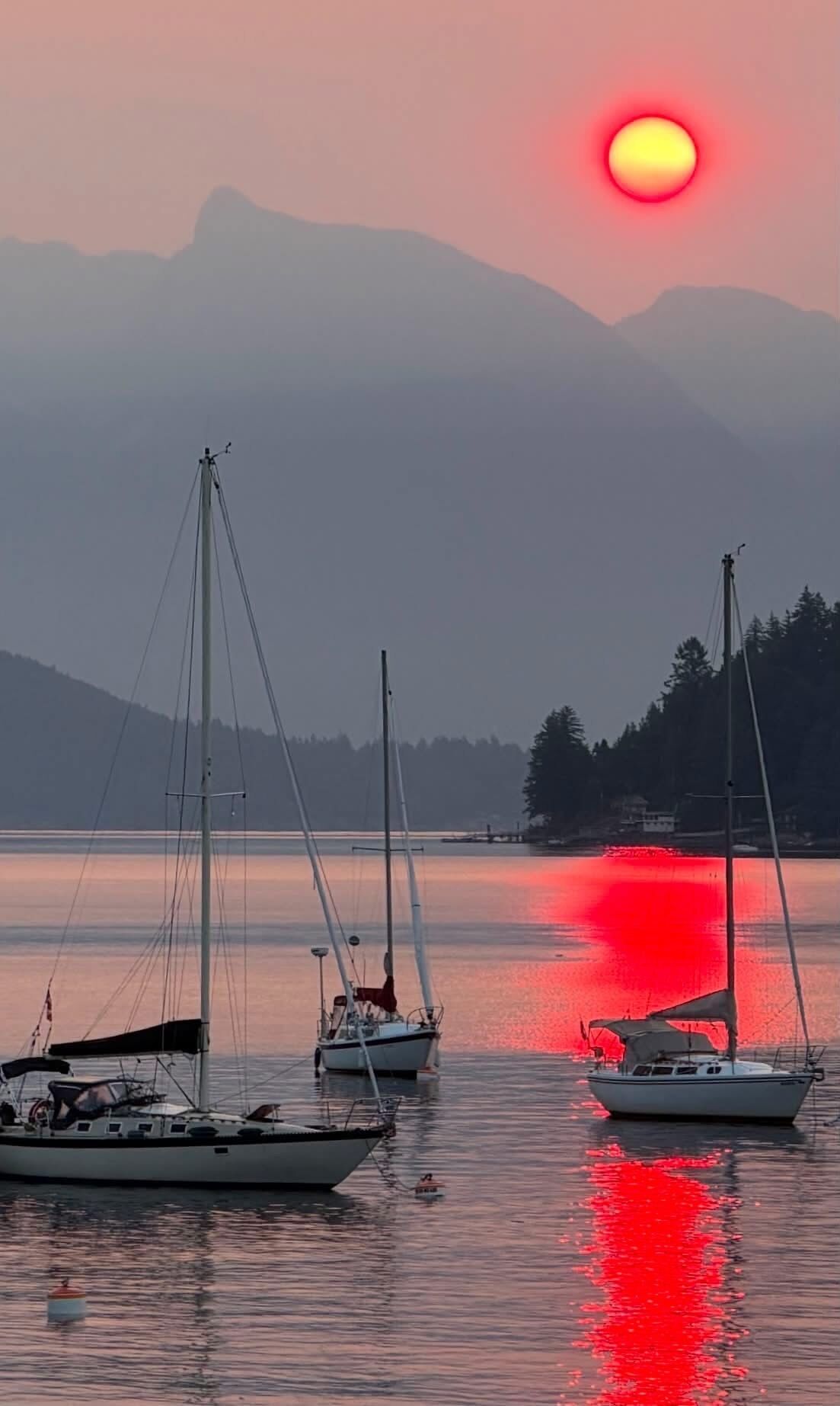A calm lake with sailboats and a mountain range in the background.