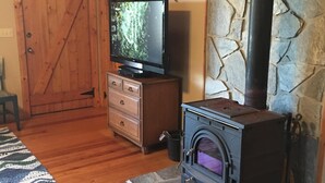Una sala de estar acogedora con suelo de madera, un televisor sobre un mueble de madera, una chimenea de piedra y una puerta con marco de madera.