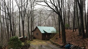 Una cabaña rústica con techo verde, rodeada de un bosque.