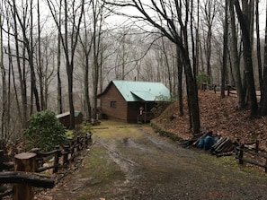 Un chalet rustique avec un toit végétalisé, entouré d’une forêt.