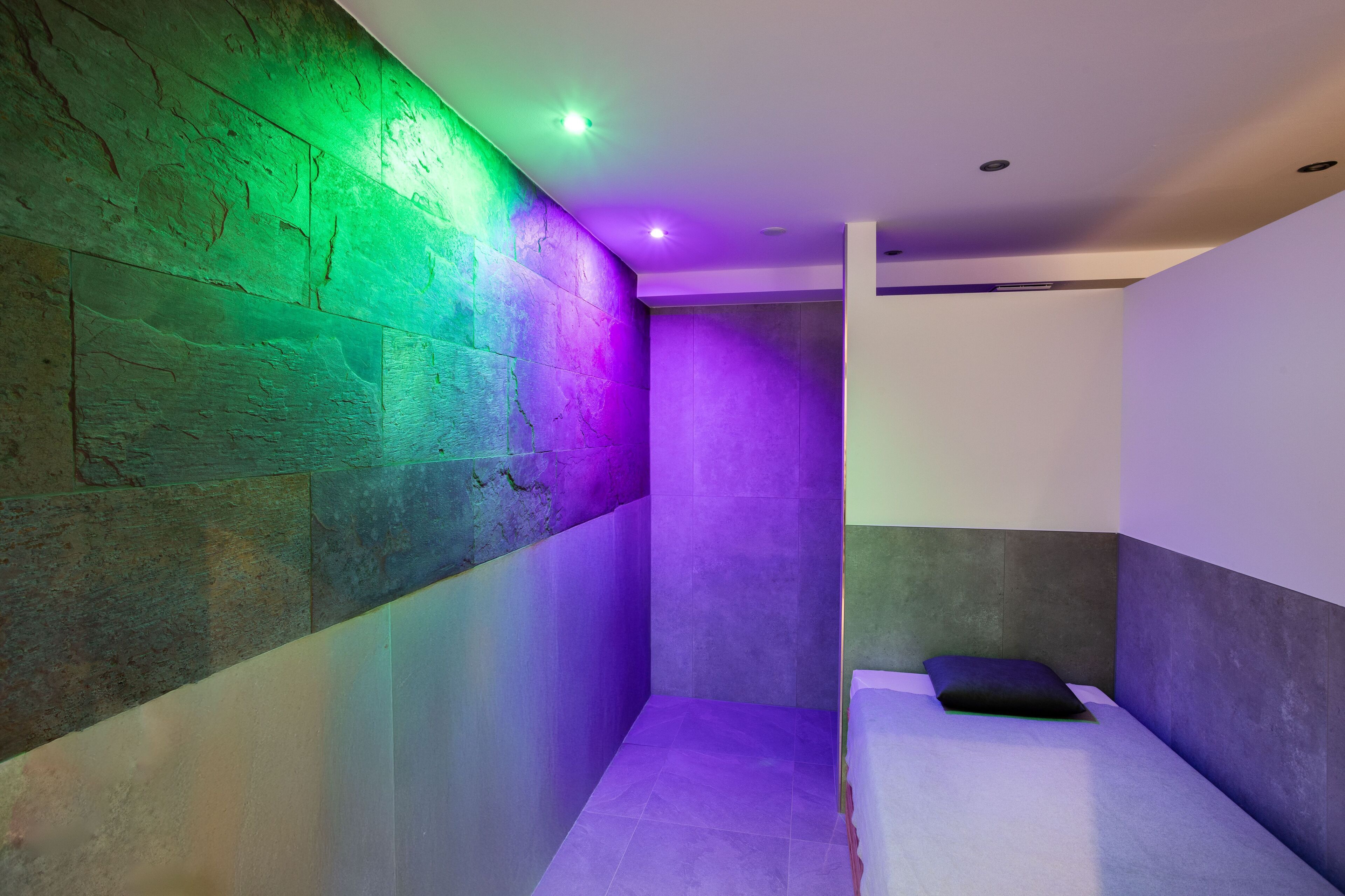 A modern bathroom with a shower area and a bed.