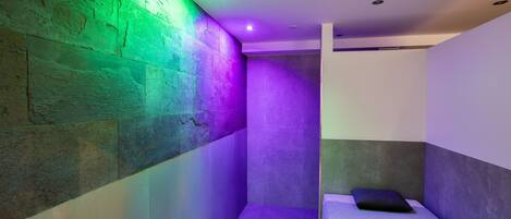 A modern bathroom with a shower area and a bed.