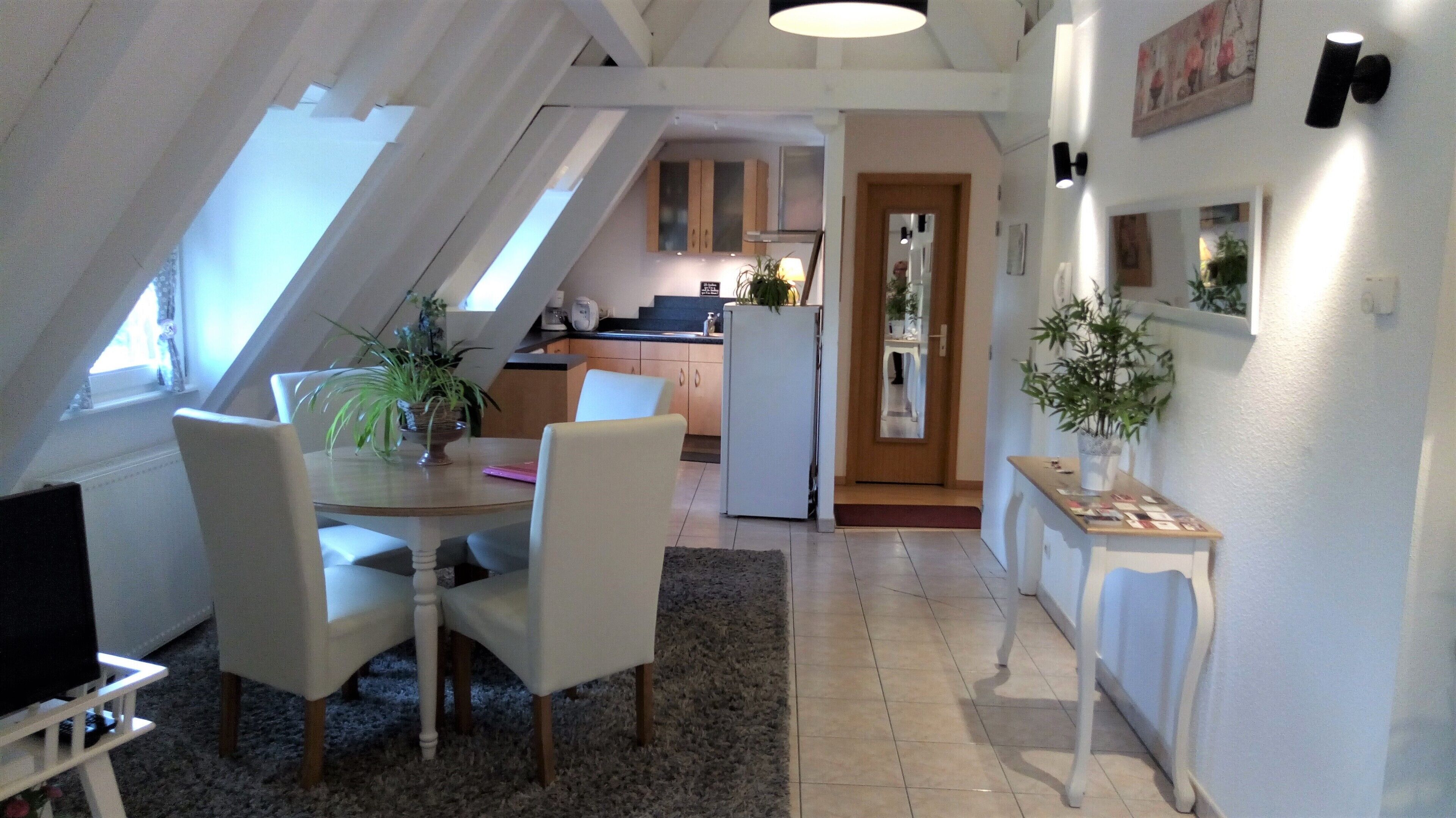 A dining area with a table, chairs, and a potted plant.
