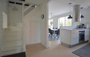 Fridge, stovetop, dishwasher, coffee/tea maker