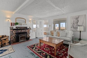 壁炉、DVD 播放器、书