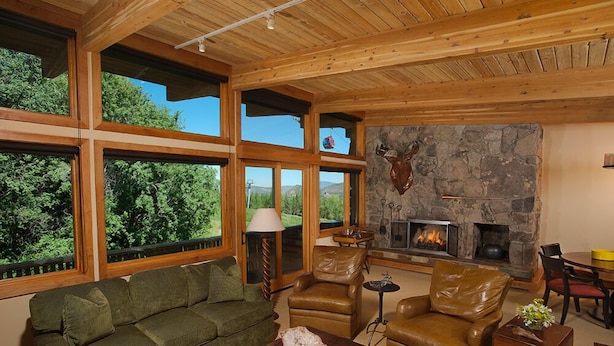 Una sala de estar acogedora con chimenea de piedra, muebles de cuero y ventanas amplias con vistas a la vegetación.