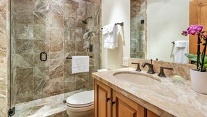 Un baño con ducha de mármol, inodoro, lavamanos con espejo y una orquídea en maceta.
