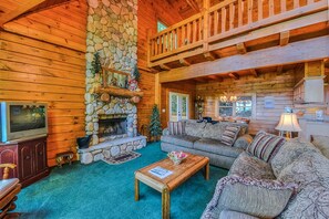 Smart TV, fireplace, books