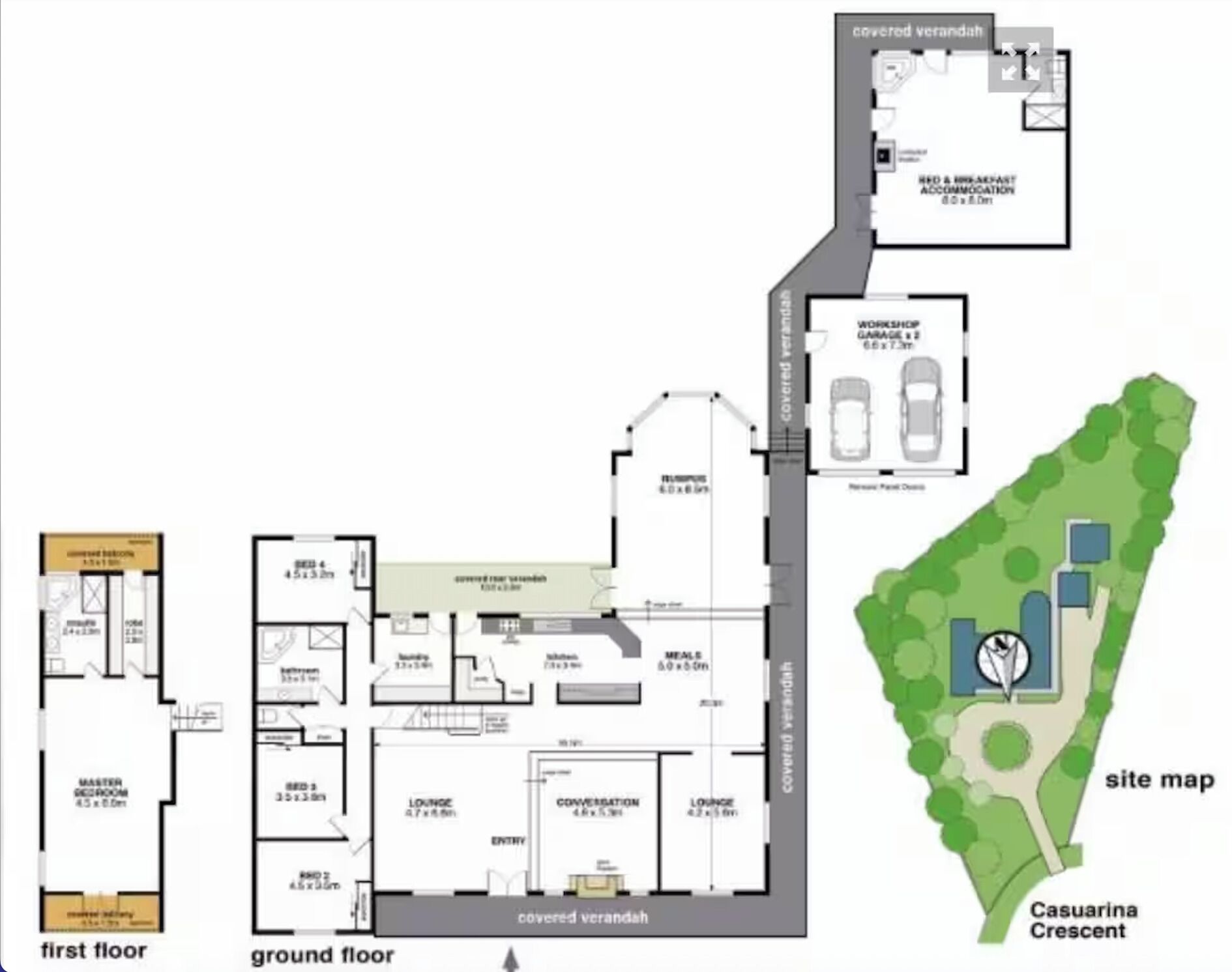 A hotel layout with a covered veranda, a ground floor lounge, a conversation area, and a master bedroom.