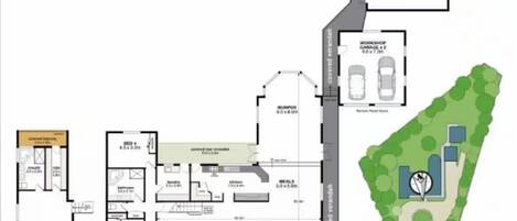 A hotel layout with a covered veranda, a ground floor lounge, a conversation area, and a master bedroom.