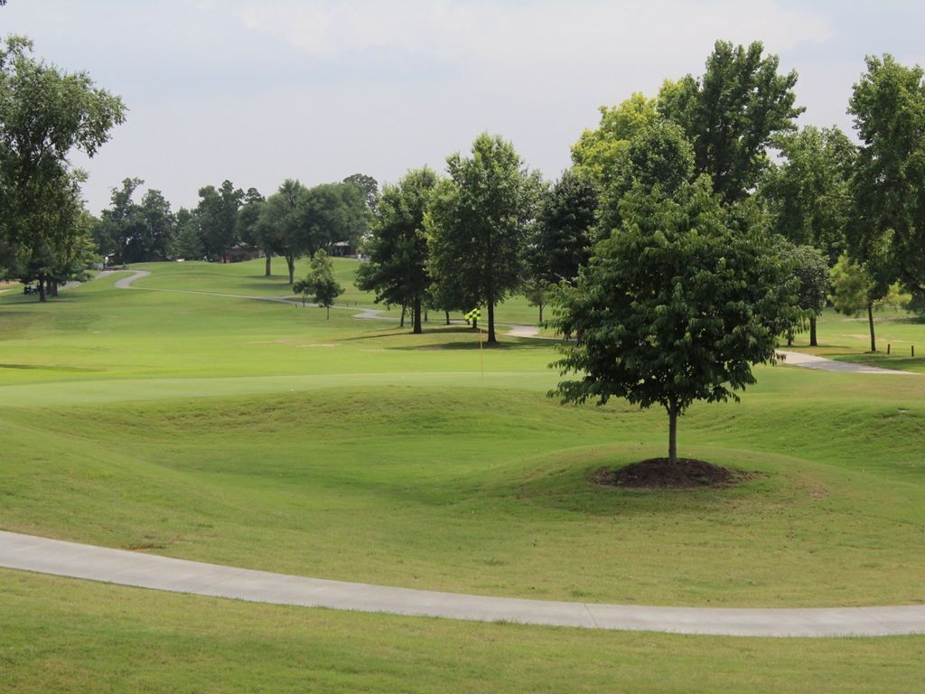 Un parcours de golf avec des allées bien définies, des arbres et une pelouse bien entretenue.