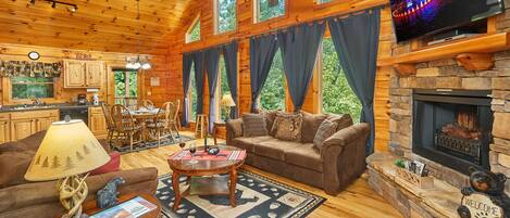 Smart TV, chimenea, reproductor de DVD y estéreo