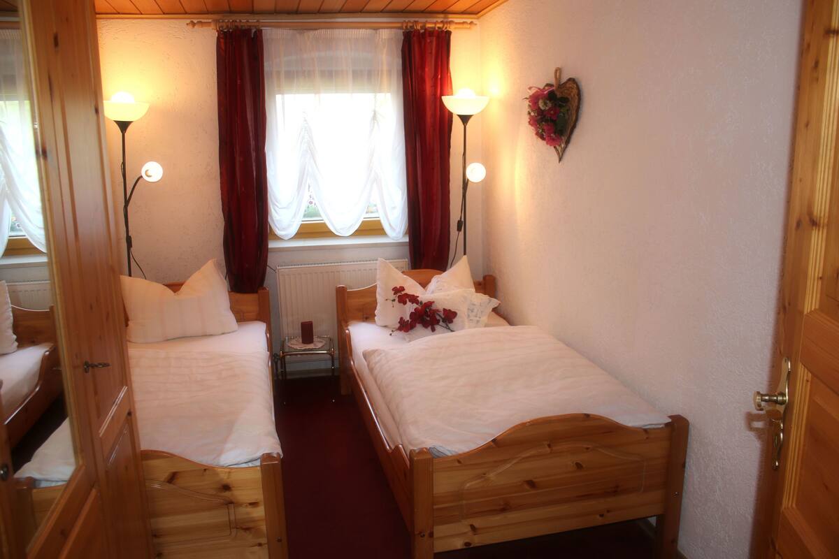 A bedroom with two wooden beds, a radiator, and a mirror.