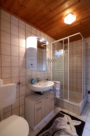 Apartamento estándar | Baño | Ducha, artículos de higiene personal gratuitos y secador de pelo