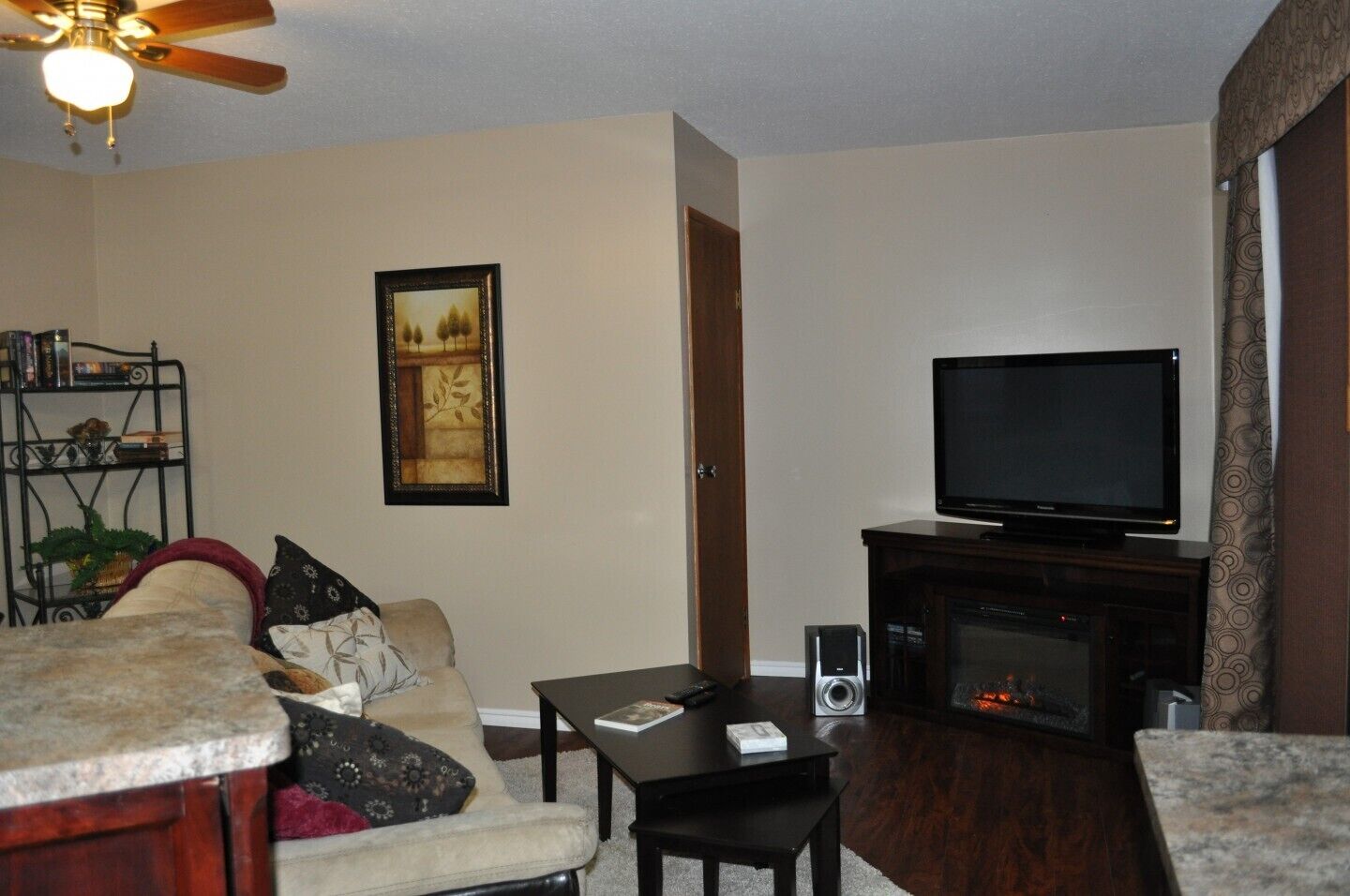 Una sala de estar con sofá, mesa de centro, televisor, chimenea y estantería.