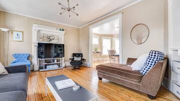 Smart TV, fireplace, DVD player, books