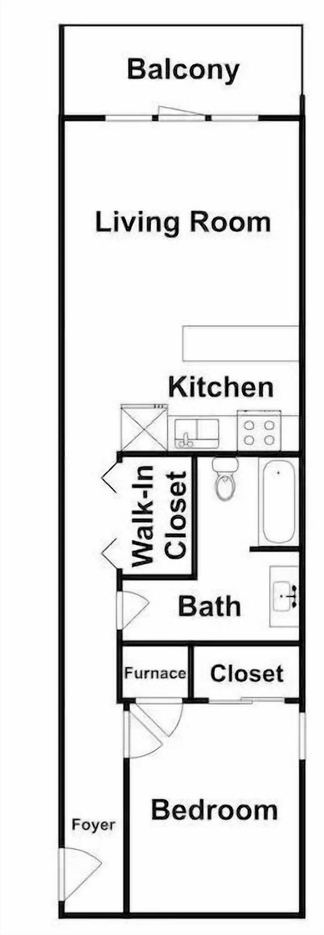 A floor plan of a hotel room with a balcony, living room, kitchen, walk-in closet, bathroom, furnace, closet, foyer, and bedroom.
