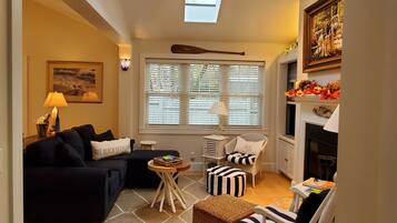 Una Smart TV, una chimenea, un reproductor de DVD, libros