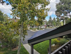 A residential area with a paved driveway, a lawn, and houses in the background. - Snowcreek Resort Vacation Rental 596 (Mammoth Lakes)
