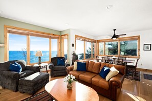 Smart TV, fireplace, books