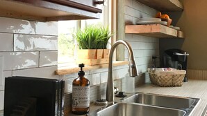 A kitchen with wooden cabinets, a stainless steel sink, a hanging light fixture, and a potted plant. - Mountain View Retreat Close to Downtown Flagstaff, Big Deck, Trails Nearby! (Flagstaff)