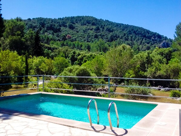 Una piscina con barandillas metálicas, rodeada por un patio de piedra, con vista a una ladera boscosa.