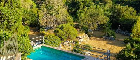 A swimming pool surrounded by trees and a stone deck.
