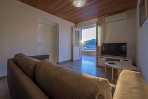 Smart TV, chimenea, libros y estéreo