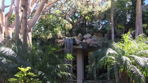 A lush garden with a waterfall, dense foliage, and a stone structure. - Breathtaking Views, Steps to the Sand, Beach Resort (Oceanside)