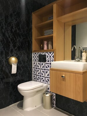 Combined shower/tub, hair dryer, towels