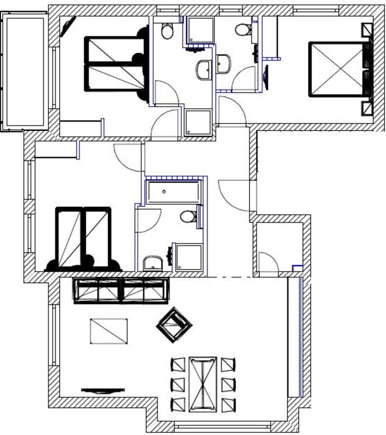 A floor plan with a kitchen, dining area, two bedrooms, and a bathroom.