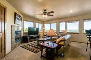 Smart TV, fireplace, DVD player, stereo