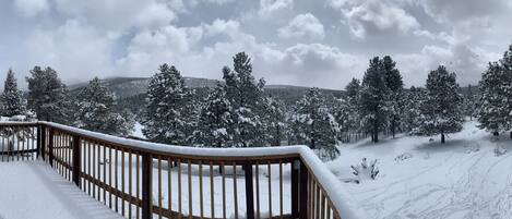 A wooden cabin with a snow-covered deck and a view of snow-laden trees and mountains in the background.