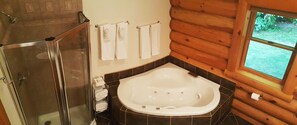 Combined shower/tub, jetted tub, hair dryer, towels - Family-friendly log home between Harbor Springs, Petoskey, and Mackinaw Island (Pellston)
