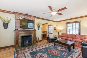 Smart TV, fireplace, books